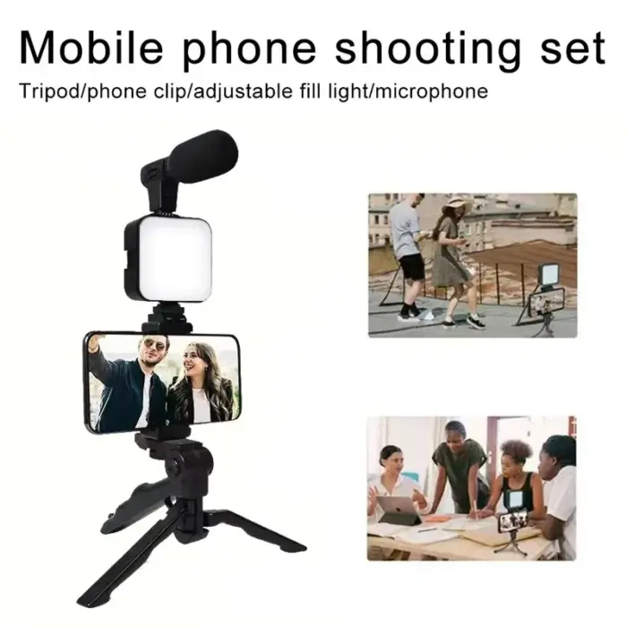 Tripod Phone Holder With LED Fill Light Mini Microphone Smartphone Vlogging Kit 1PC