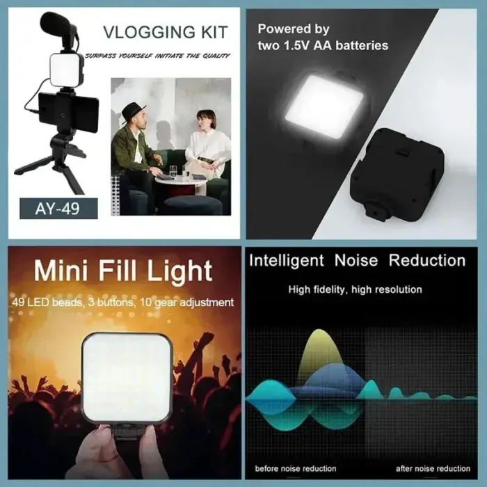 Tripod Phone Holder With LED Fill Light Mini Microphone Smartphone Vlogging Kit 1PC - Image 2