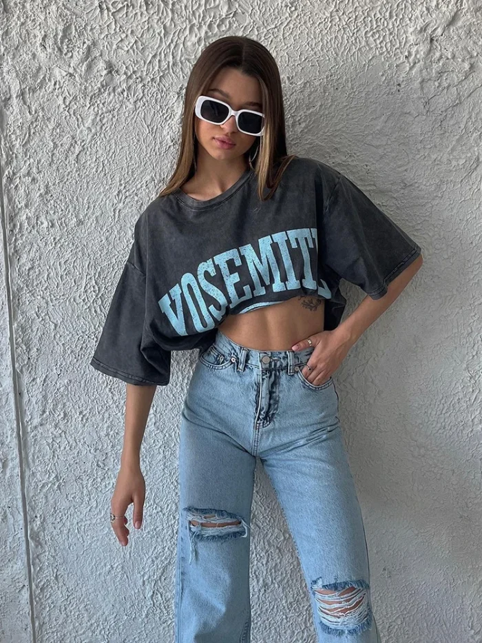 Oversized Acid Washed Women Top Vintage Cotton T-shirts - Image 2