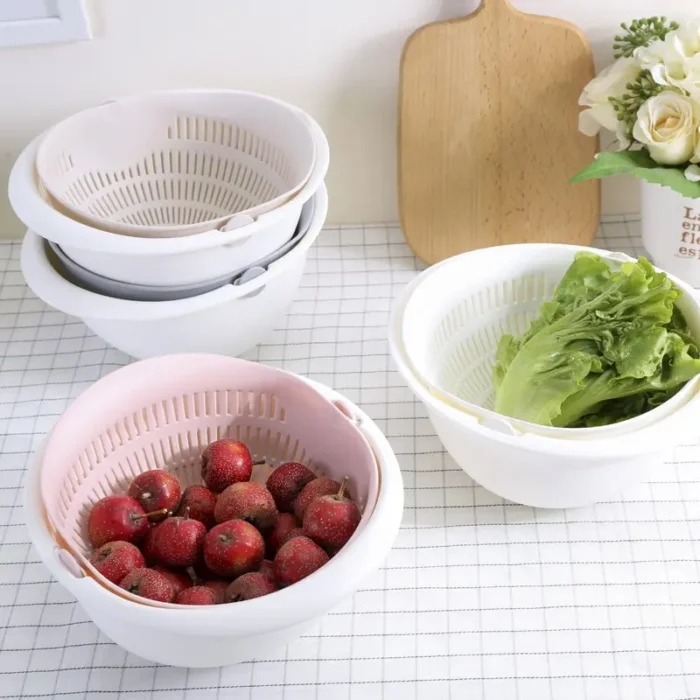 Removable Kitchen Fruit Tray  creative household rotating washing basket with two layers  draining fruit vegetables  - Image 4
