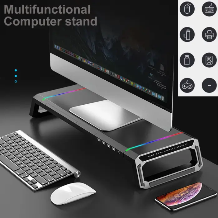Laptop PC Monitor Stand Riser RGB Lights 4 USB Phone Holder Adjustable Height - Image 5